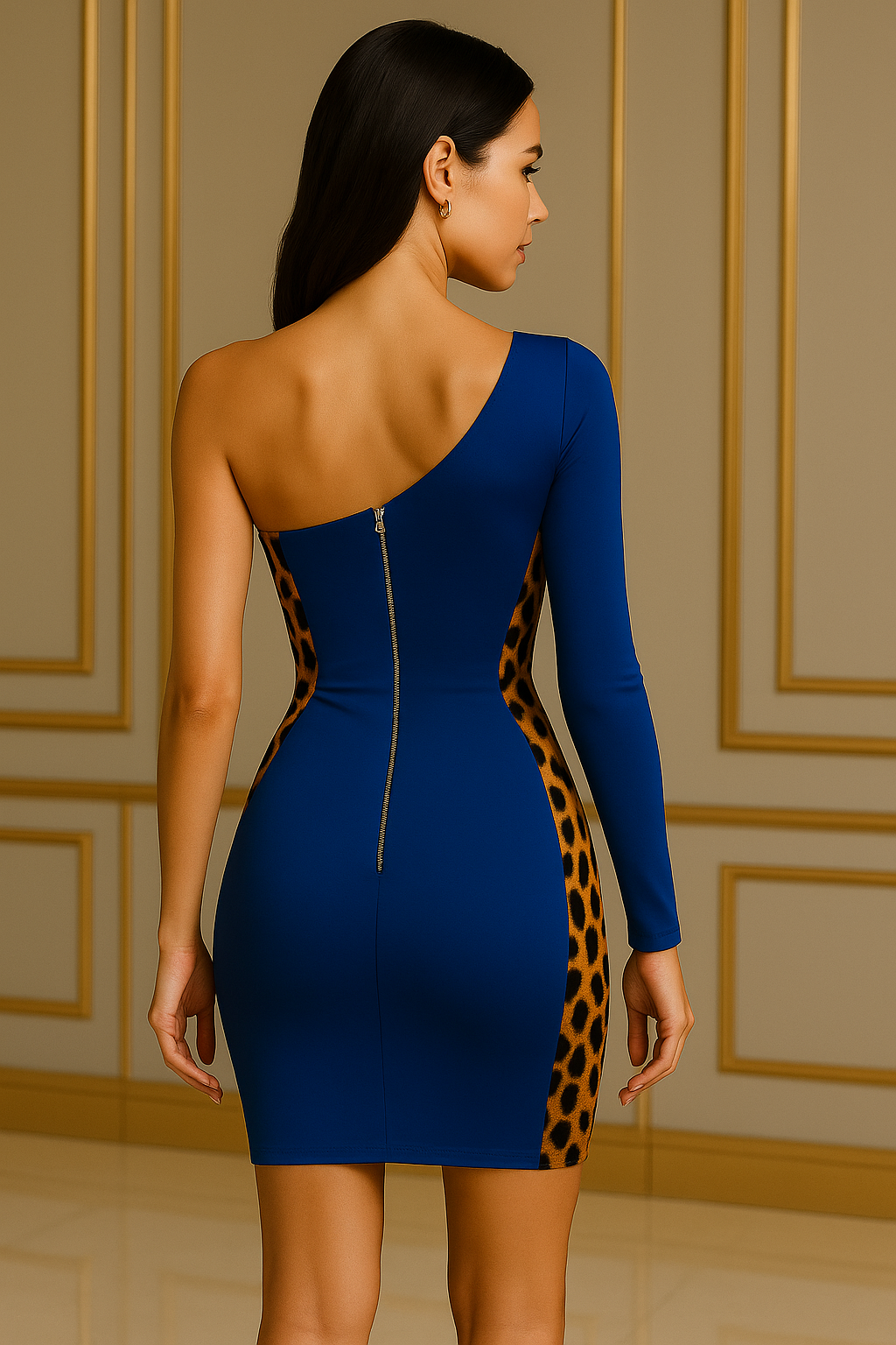 Signature. Asymmetric Leopard Panel Bodycon Minqueta Dress – Royal Blue
